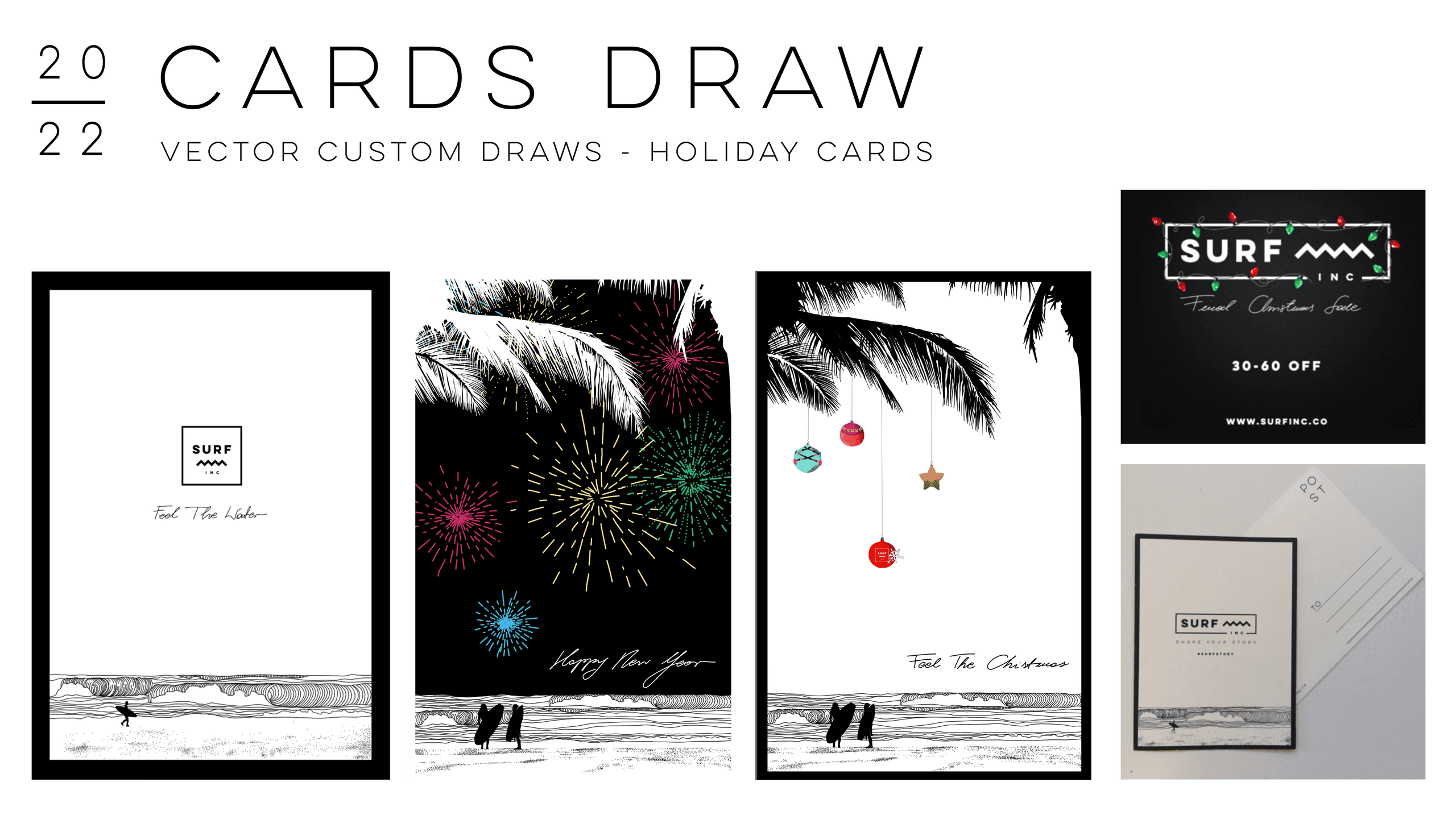 Hand-drawn cards and posters by Surf Inc